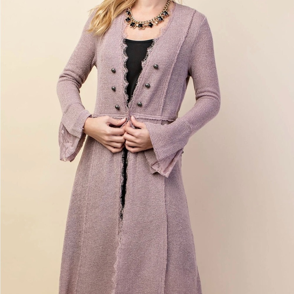 Vocal Mauve Long Knit Cardigan with Lace Trim